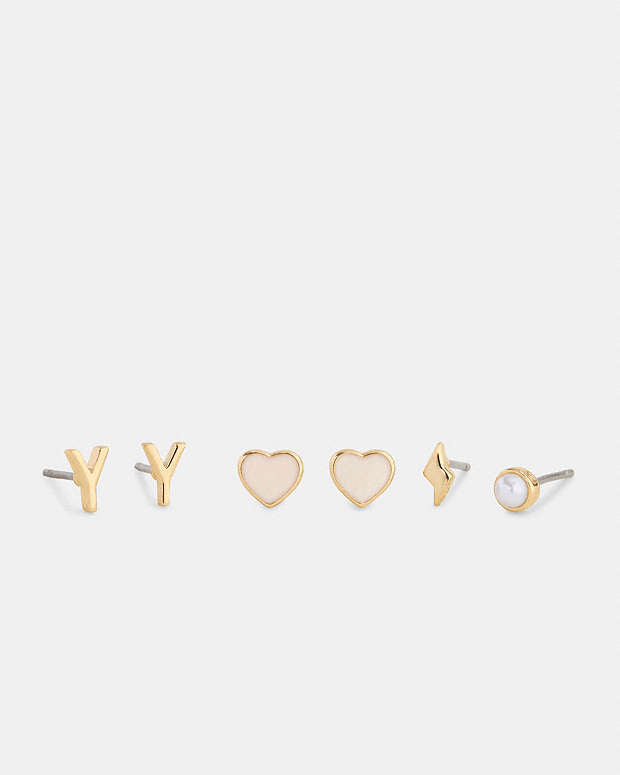 Y Initial Stud Earrings Set Gold-White Gold-White