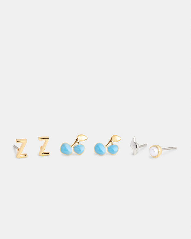 Z Initial Stud Earrings Set Gold-Blue Gold-Blue