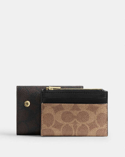 Card Holder Wallet In Blocked Signature Canvas Signature Canvas-Gold-Walnut-Tan Signature Canvas-Gold-Walnut-Tan