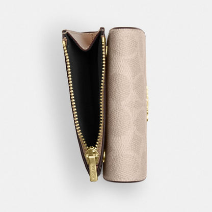 Coach Card Holder Wallet In Blocked Signature Canvas Gold Sand Tan