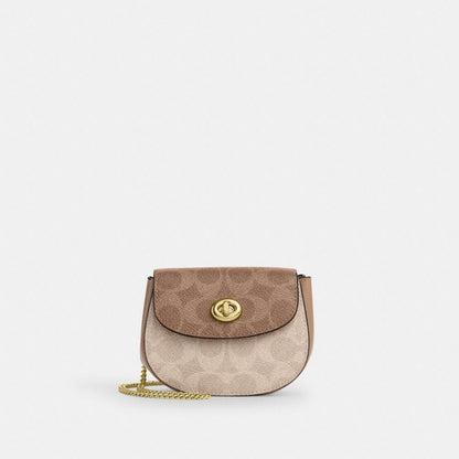 Coach Turnlock Card Case In Blocked Signature Canvas Gold Sand Tan