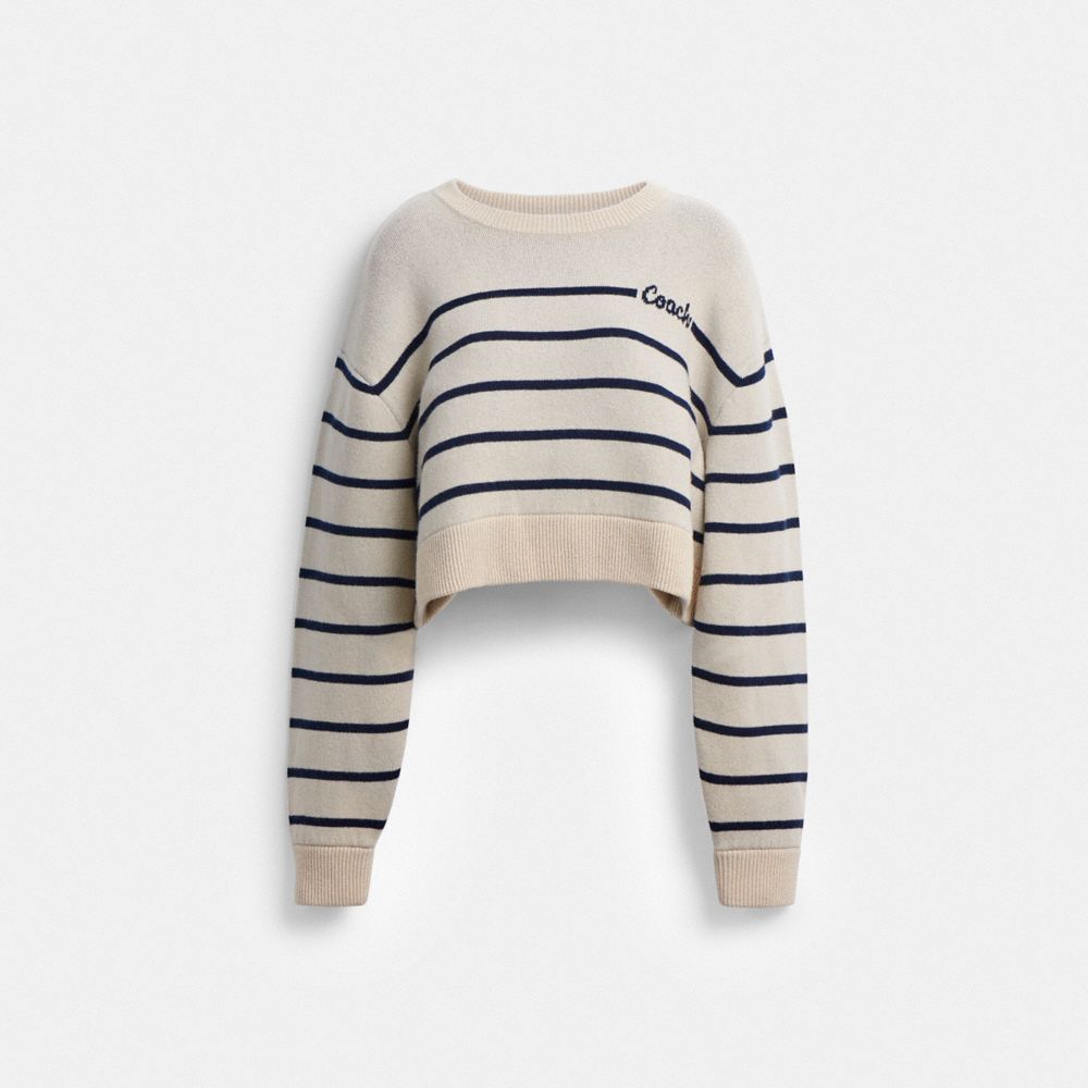 Coach Cursive Signature Striped Cropped Sweater Cream