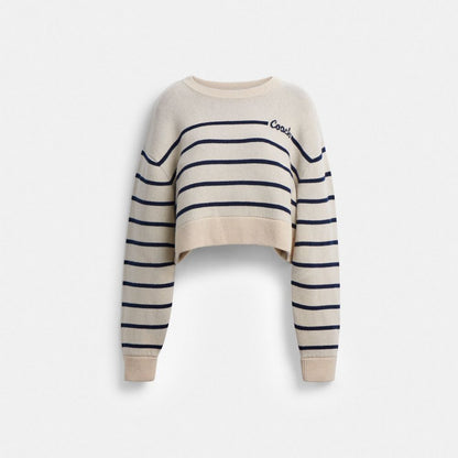 Coach Cursive Signature Striped Cropped Sweater Cream