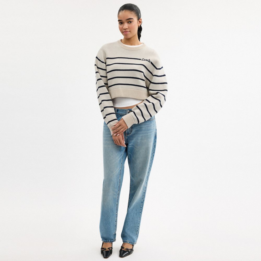 Coach Cursive Signature Striped Cropped Sweater Cream