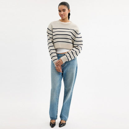 Coach Cursive Signature Striped Cropped Sweater Cream