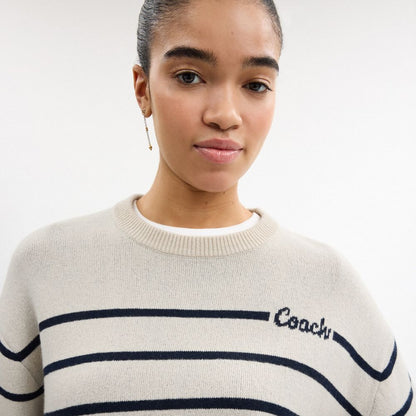 Coach Cursive Signature Striped Cropped Sweater Cream