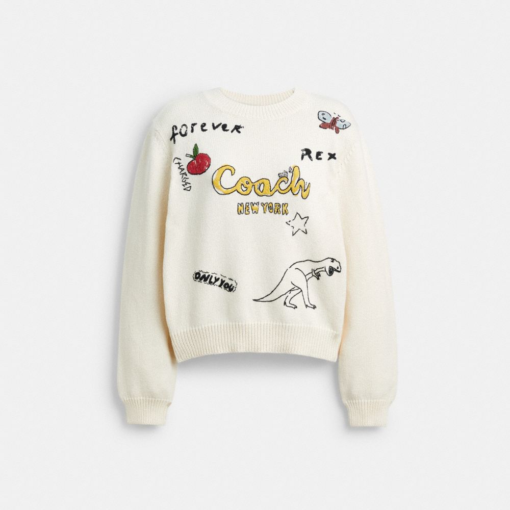 Coach Sketch Print Crewneck Sweater In Organic Cotton Cream Multi