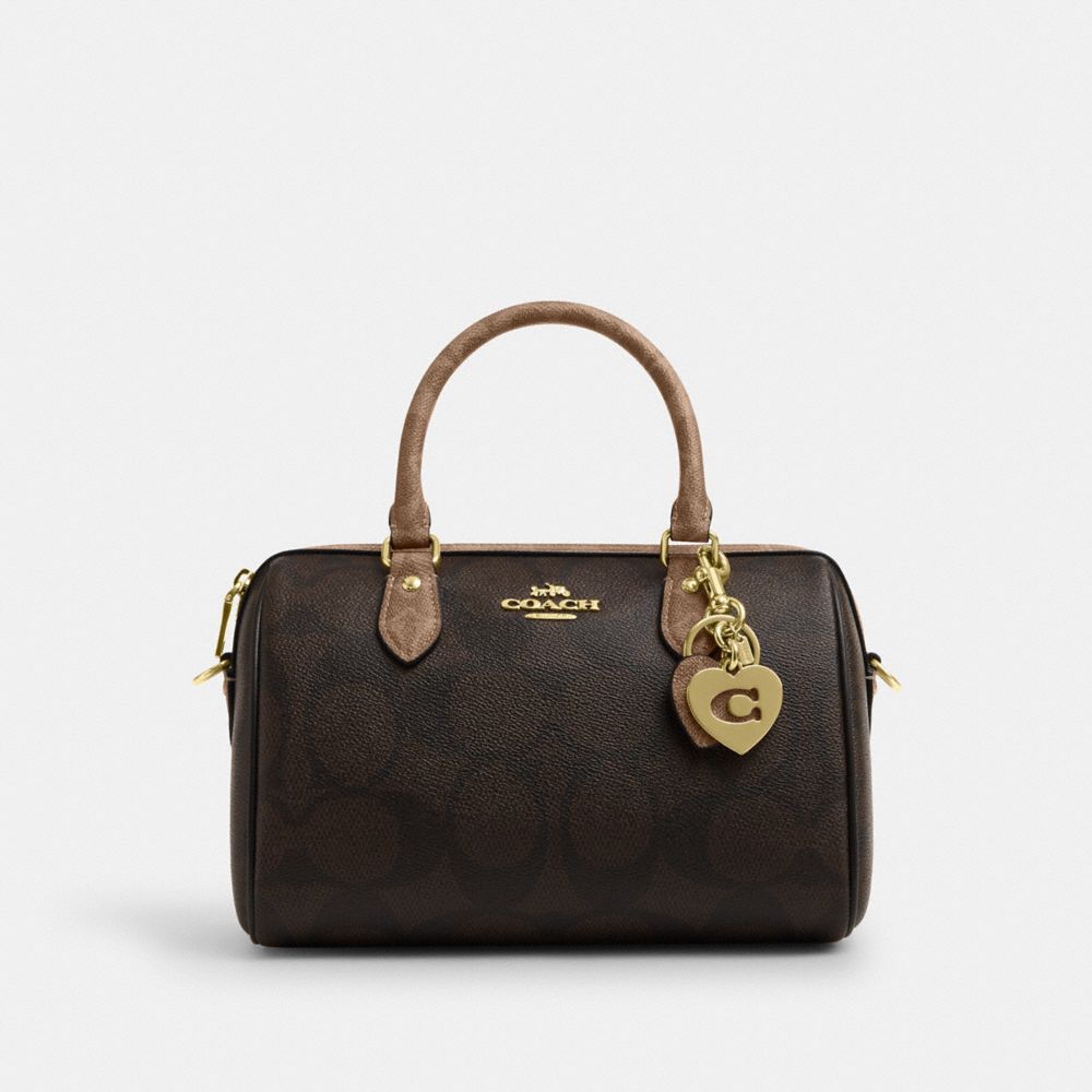 Coach Hearts Key Ring In Signature Canvas Gold Tan Brown