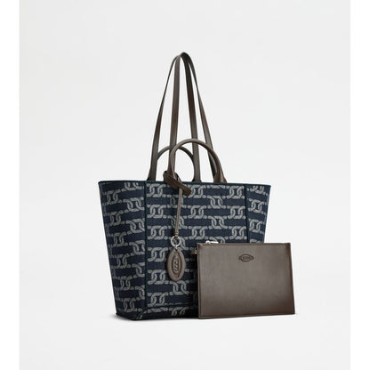 Tods Double Up Shopping Bag In Denim And Leather Medium Blue Brown