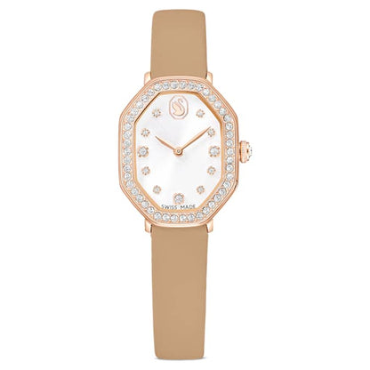 Swarovski Dextera Octagon Watch Swiss Made Leather Strap Brown Rose Gold-Tone Finish SW5730184
