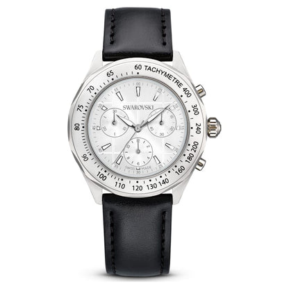 Swarovski Dextera Tachymetre Watch Swiss Made Leather Strap Silver Tone Stainless Steel SW5728378