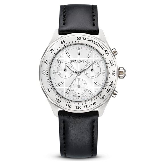 Swarovski Dextera Tachymetre Watch Swiss Made Leather Strap Silver Tone Stainless Steel SW5728378
