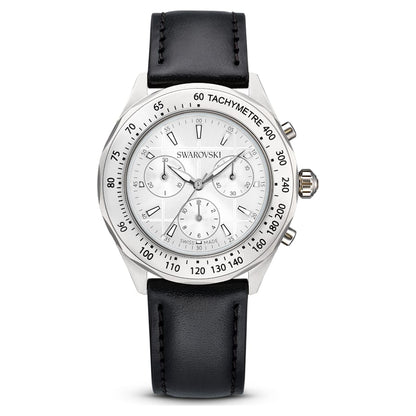 Swarovski Dextera Tachymetre Watch Swiss Made Leather Strap Silver Tone Stainless Steel SW5728378