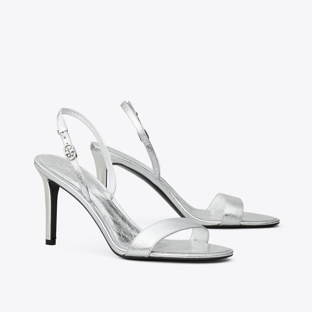 Tory Burch Double T Buckle Heel Sandal SHINY SILVER