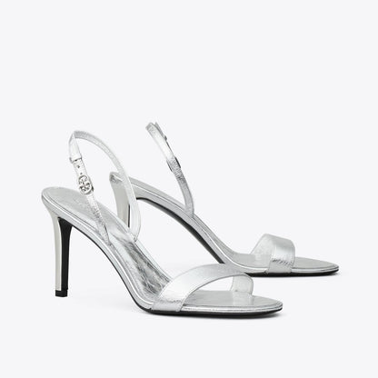 Tory Burch Double T Buckle Heel Sandal SHINY SILVER
