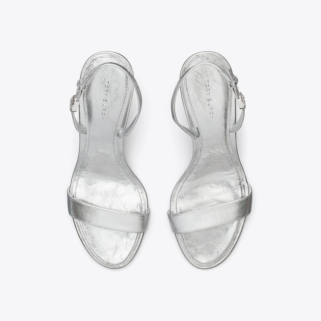 Tory Burch Double T Buckle Heel Sandal SHINY SILVER