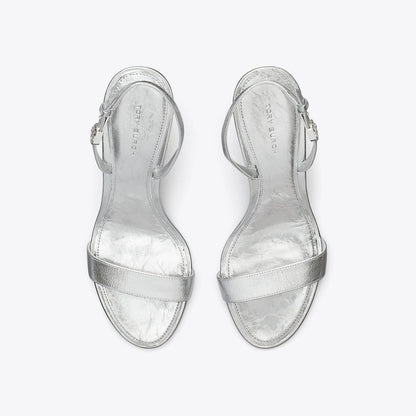 Tory Burch Double T Buckle Heel Sandal SHINY SILVER