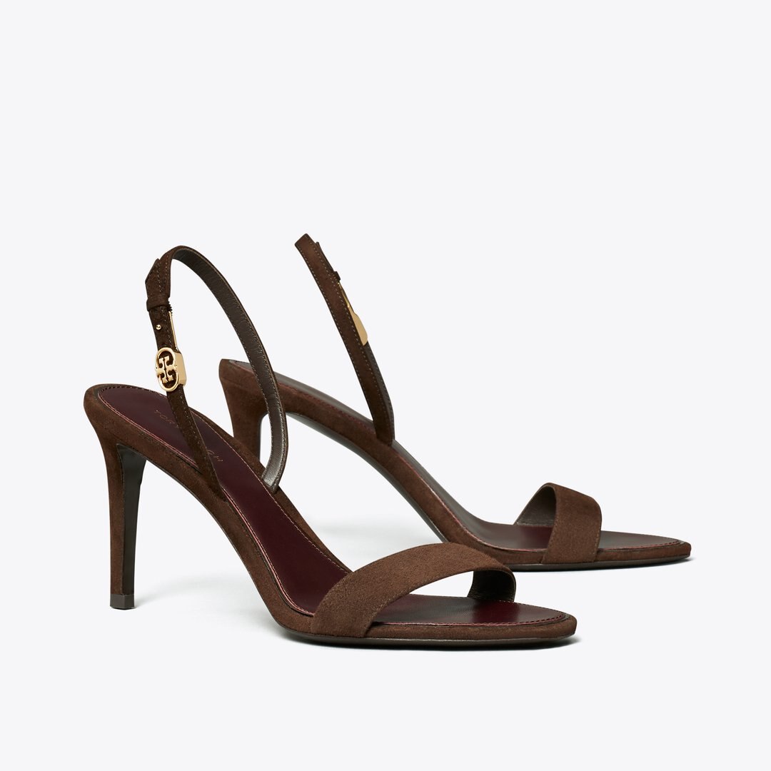 Tory Burch Double T Buckle Heeled Sandal DARK COCOA