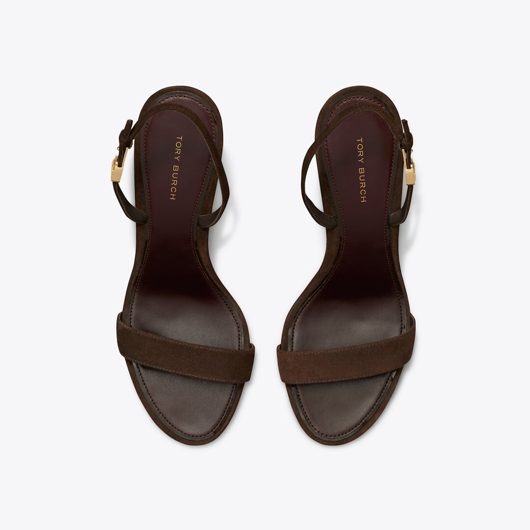 Tory Burch Double T Buckle Heeled Sandal DARK COCOA