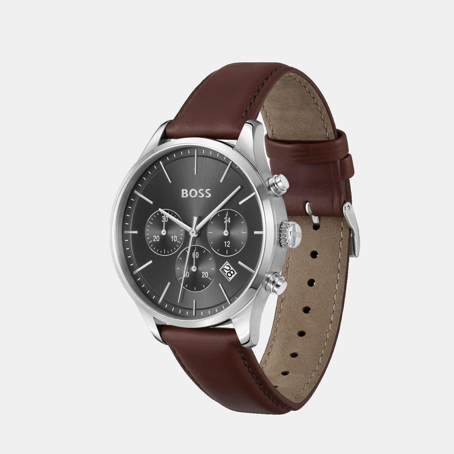 Boss Avery Men Quartz Grey Dial Chronograph Leather Watch 1514155