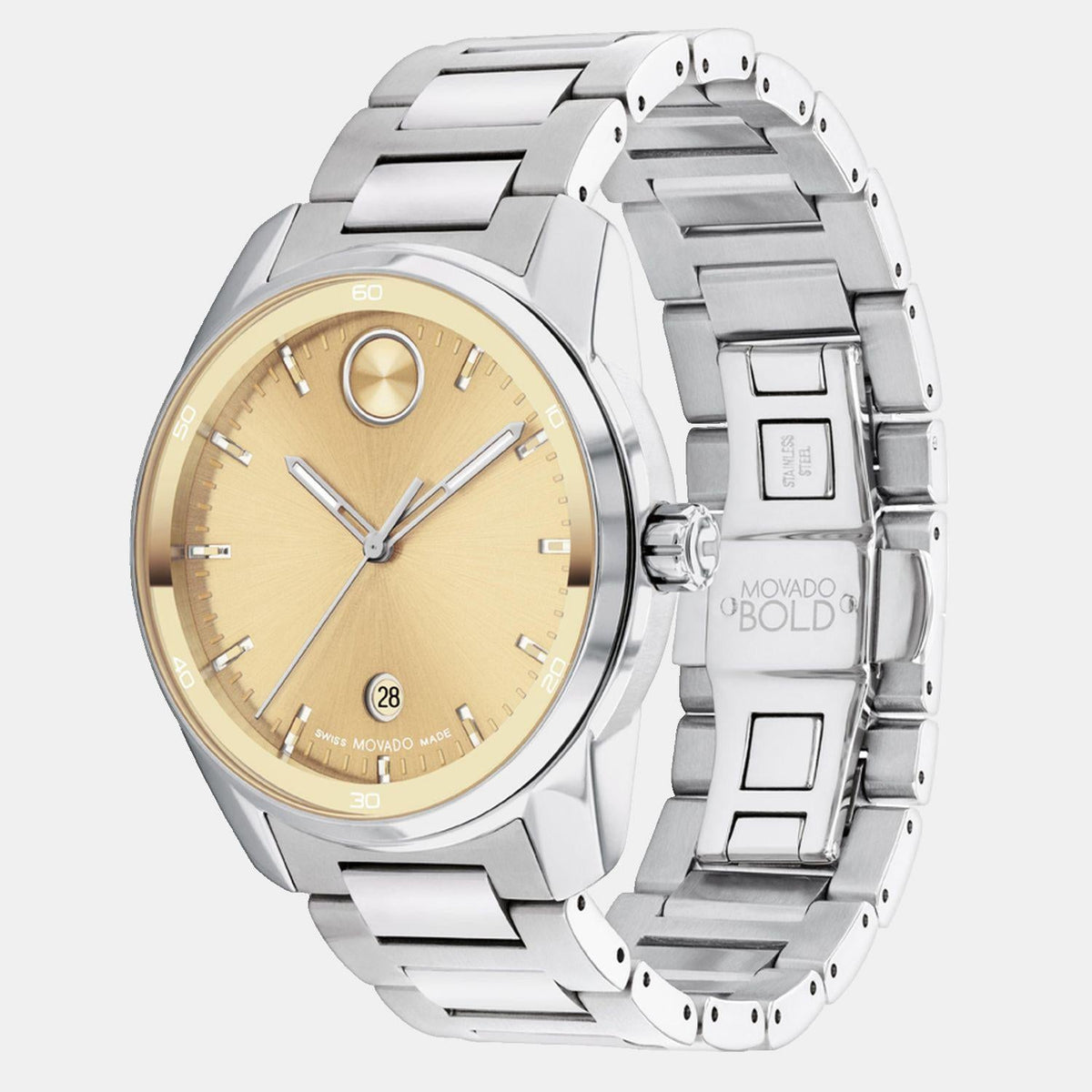 Movado Bold Verso Men Quartz Gold Dial Analog Stainless Steel Watch 3601203