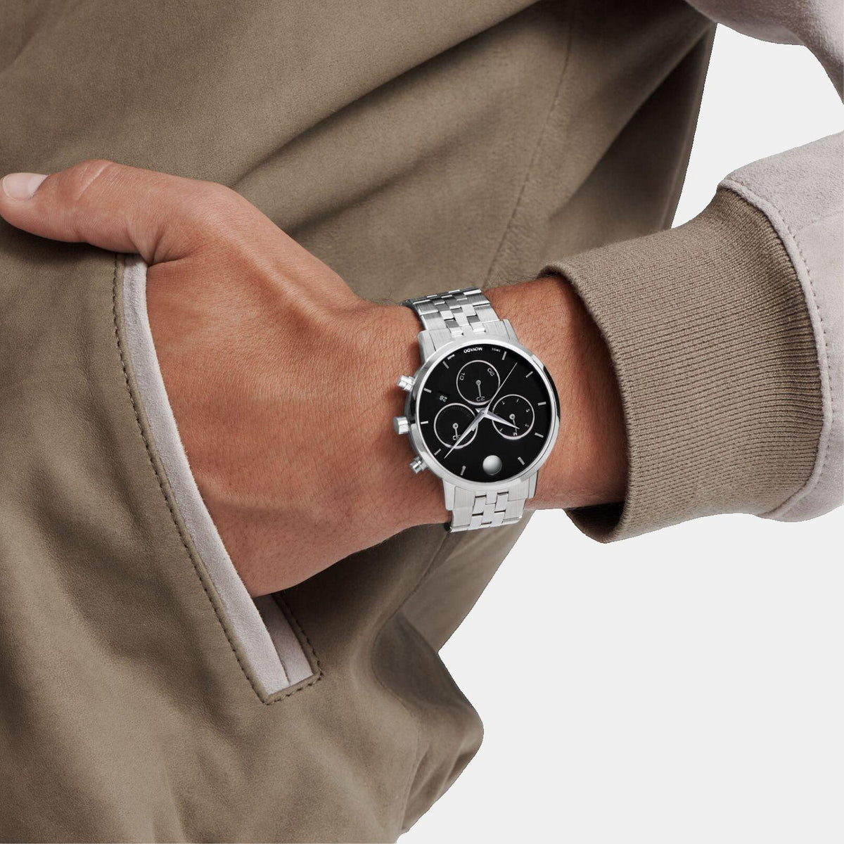 Movado Museum Classic Men Quartz Black Dial Chronograph Stainless Steel Watch 607776