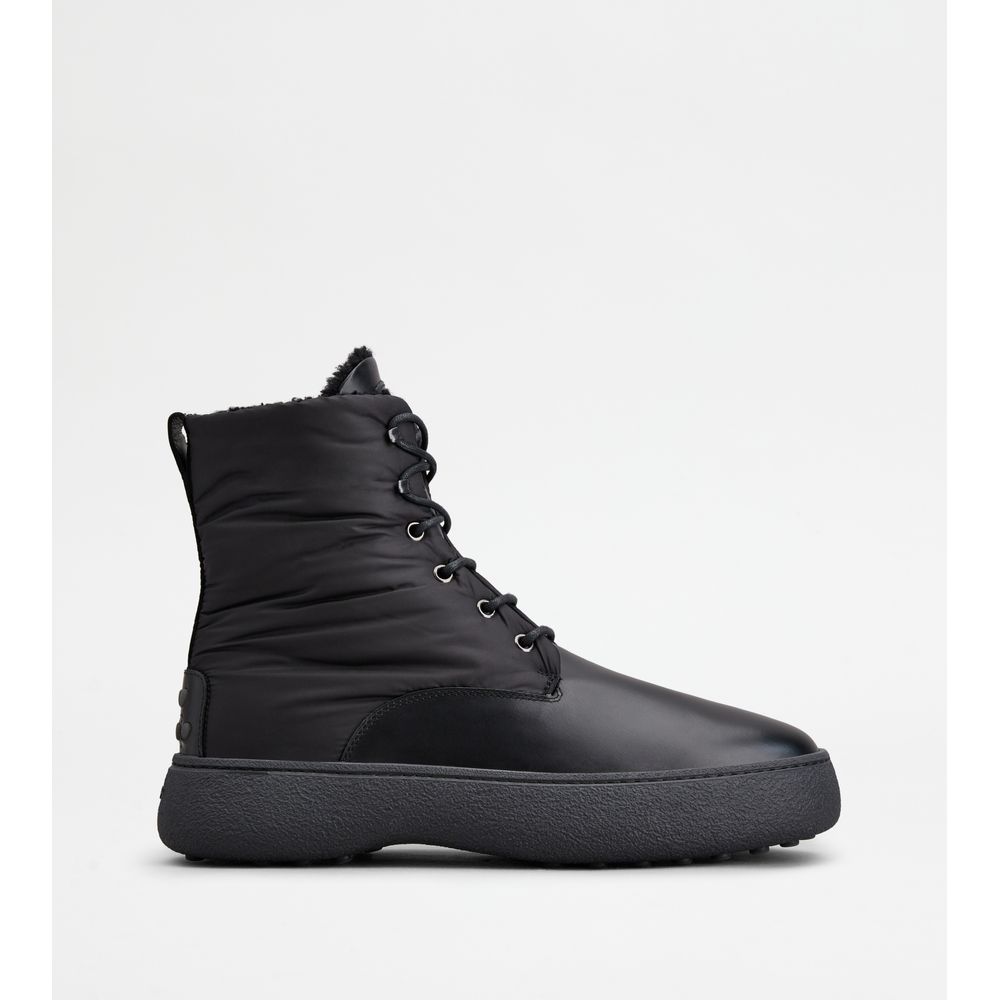 Tods W. G. Lace-Up Ankle Boots In Leather And Fabric Black Mens