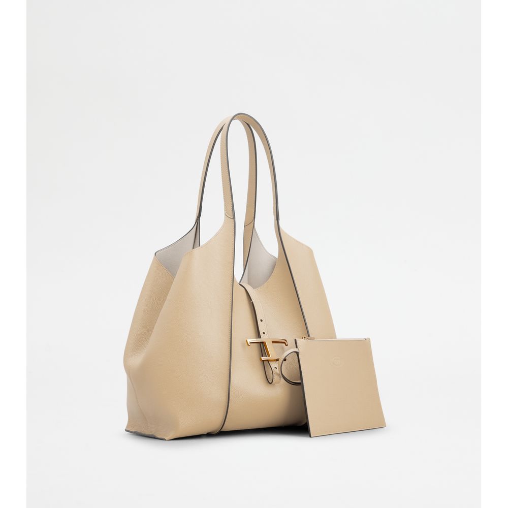 Tods T Timeless Shopping Bag In Leather Small Beige
