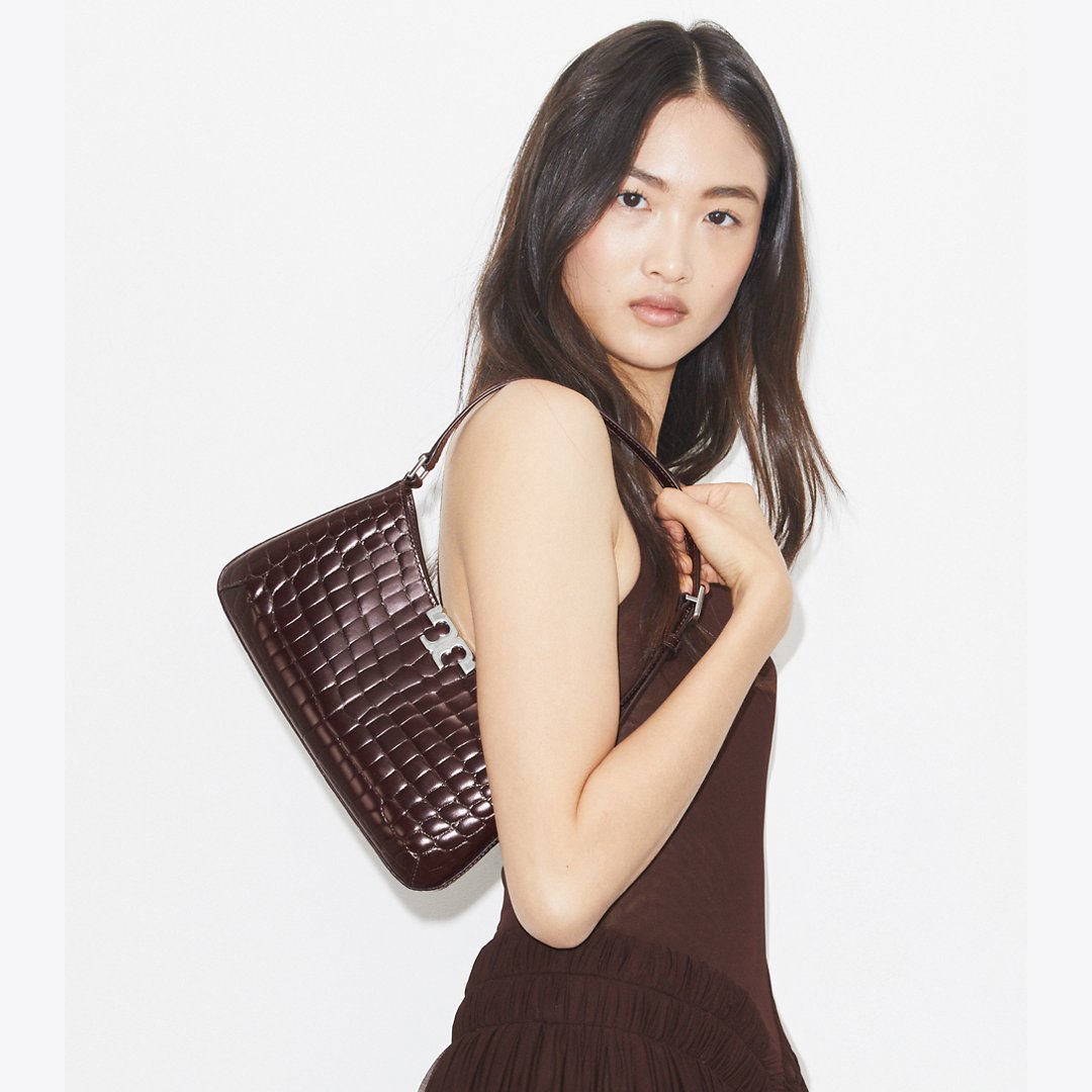 Tory Burch Eleanor Croc-Embossed Slim Shoulder Bag Deep Burgundy