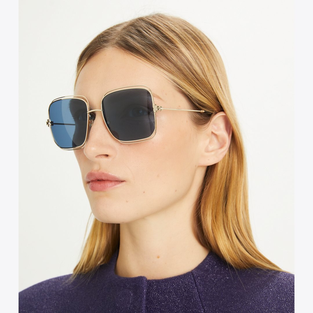 Tory Burch Eleanor Oversized Metal Square Sunglasses SHINY GOLD/LIGHT PURPLE BROWN MIRROR
