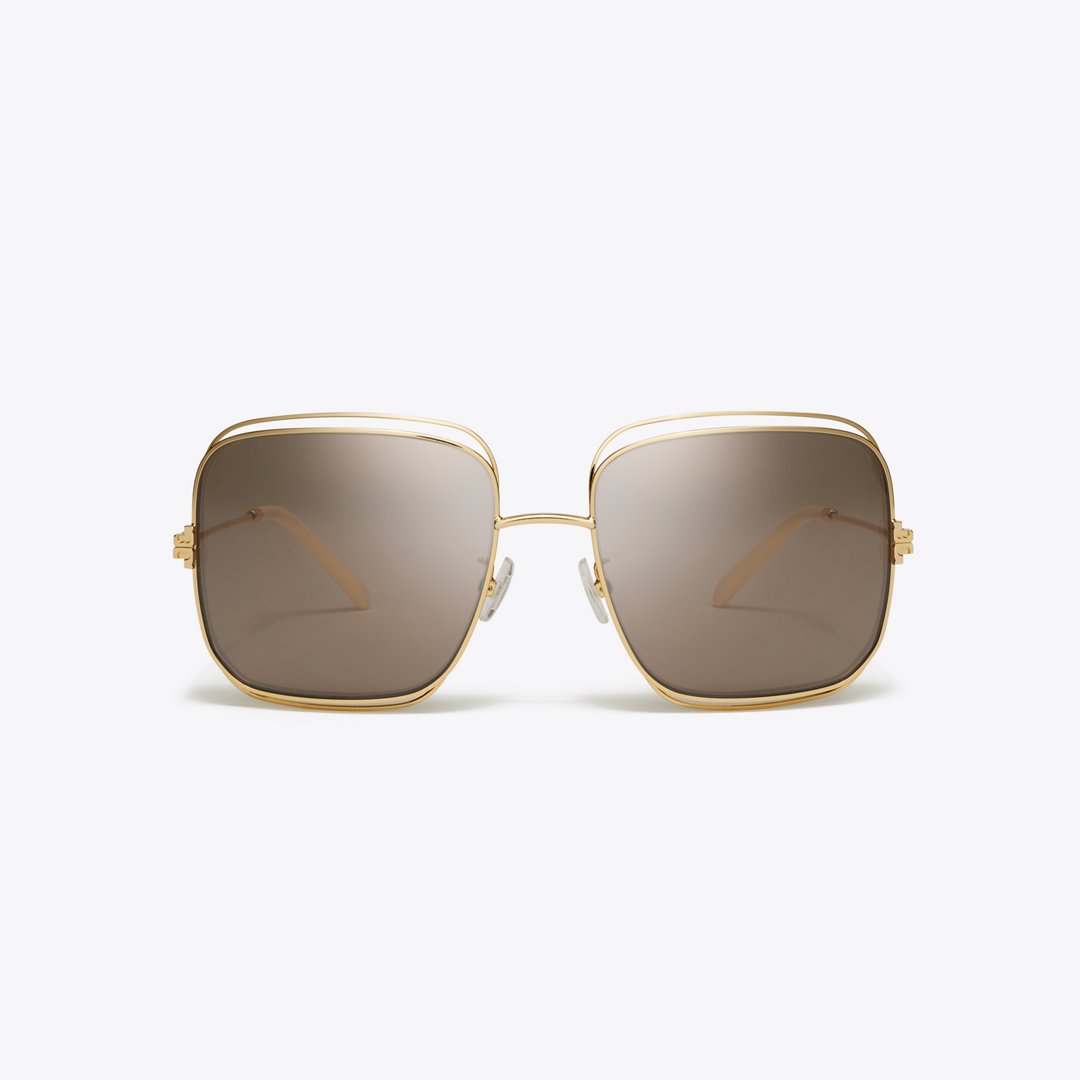 Tory Burch Eleanor Oversized Metal Square Sunglasses SHINY GOLD/LIGHT PURPLE BROWN MIRROR