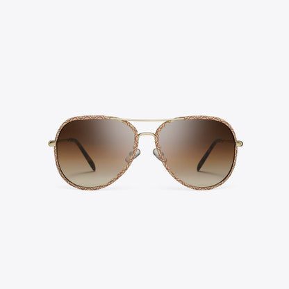 Tory Burch Eleanor Pilot Sunglasses LIGHT GOLD/T MONOGRAM/BROWN GRADIENT