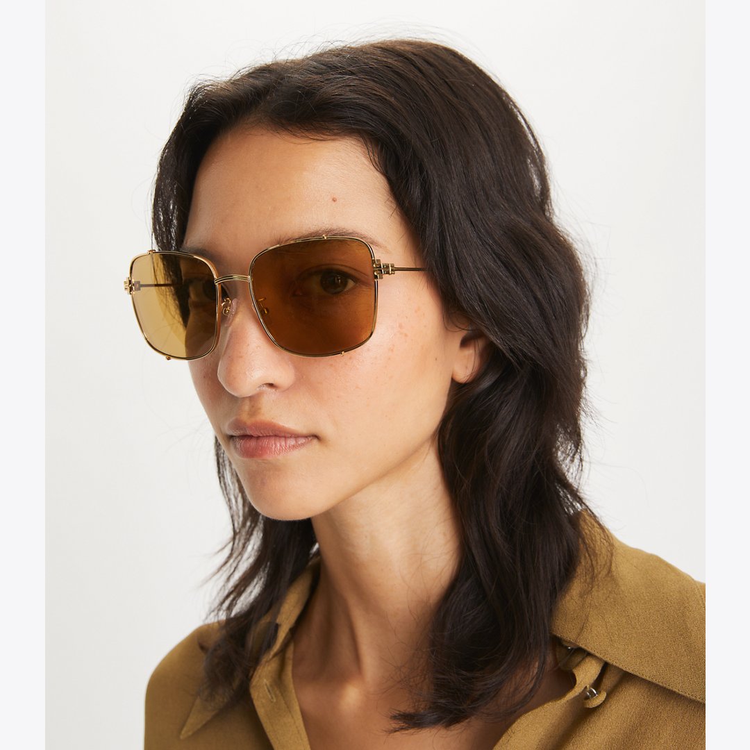 Tory Burch Eleanor Rectangle Sunglasses SHINY GOLD/OCHRE