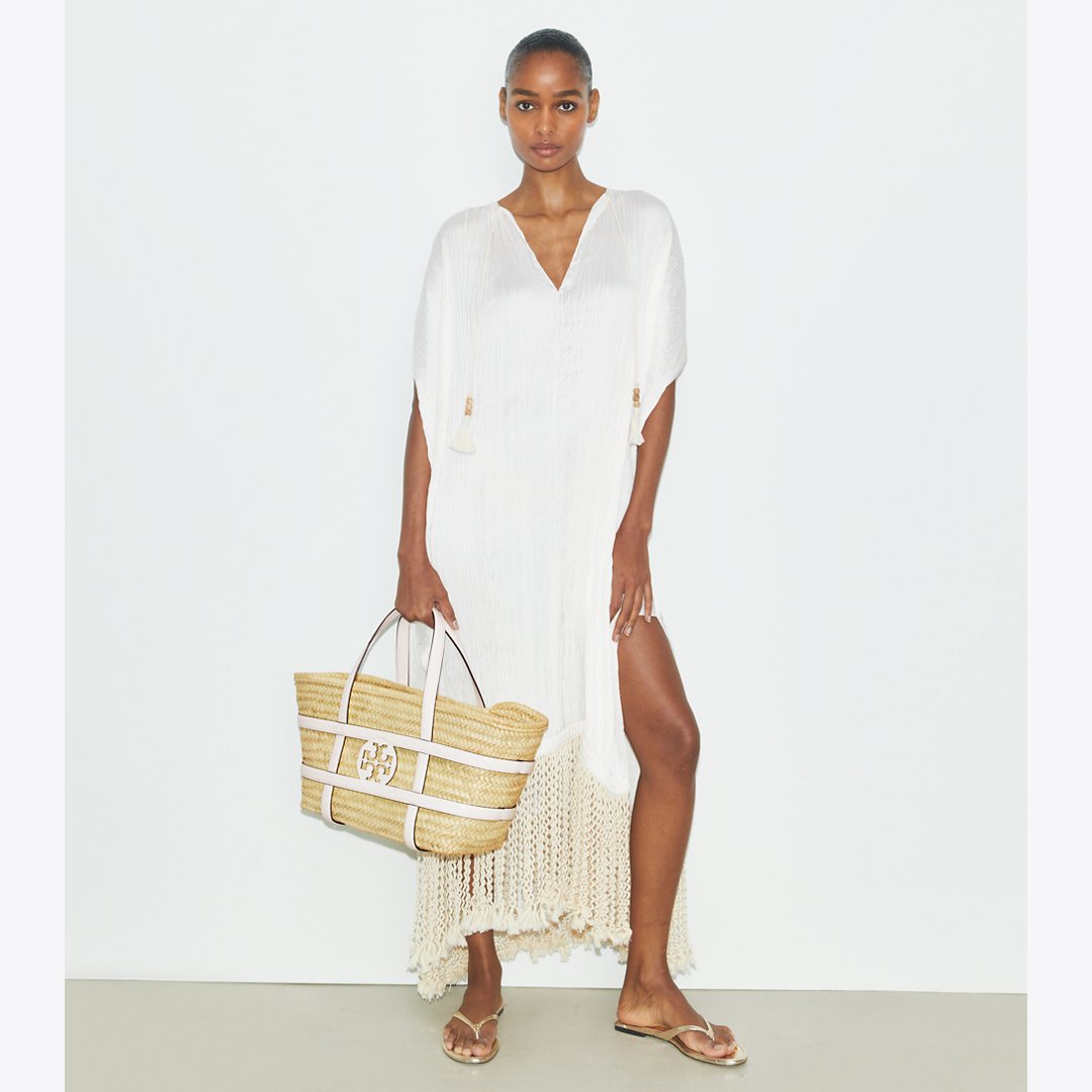 Tory Burch Ella Croc-Embossed Straw Basket Blanc