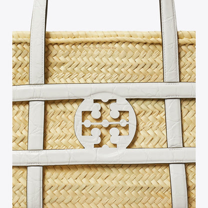 Tory Burch Ella Croc-Embossed Straw Basket Blanc
