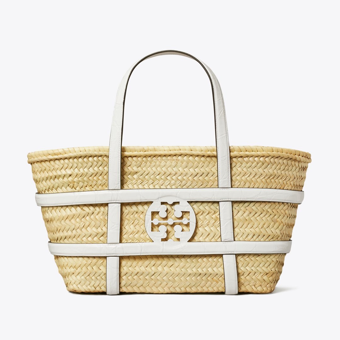 Tory Burch Ella Croc-Embossed Straw Basket Blanc