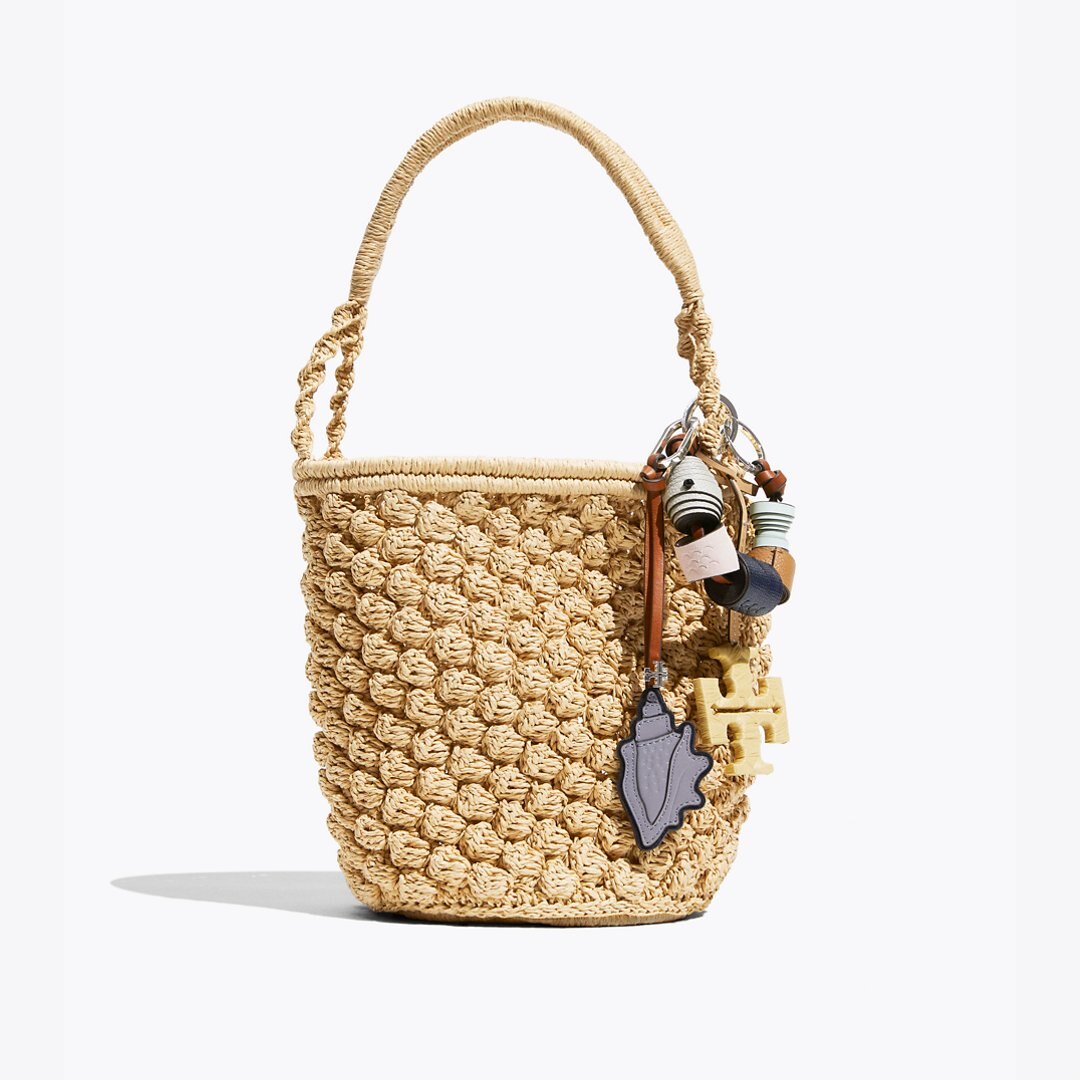 Tory Burch Ella Hand-Crocheted Popcorn Bucket Bag Natural