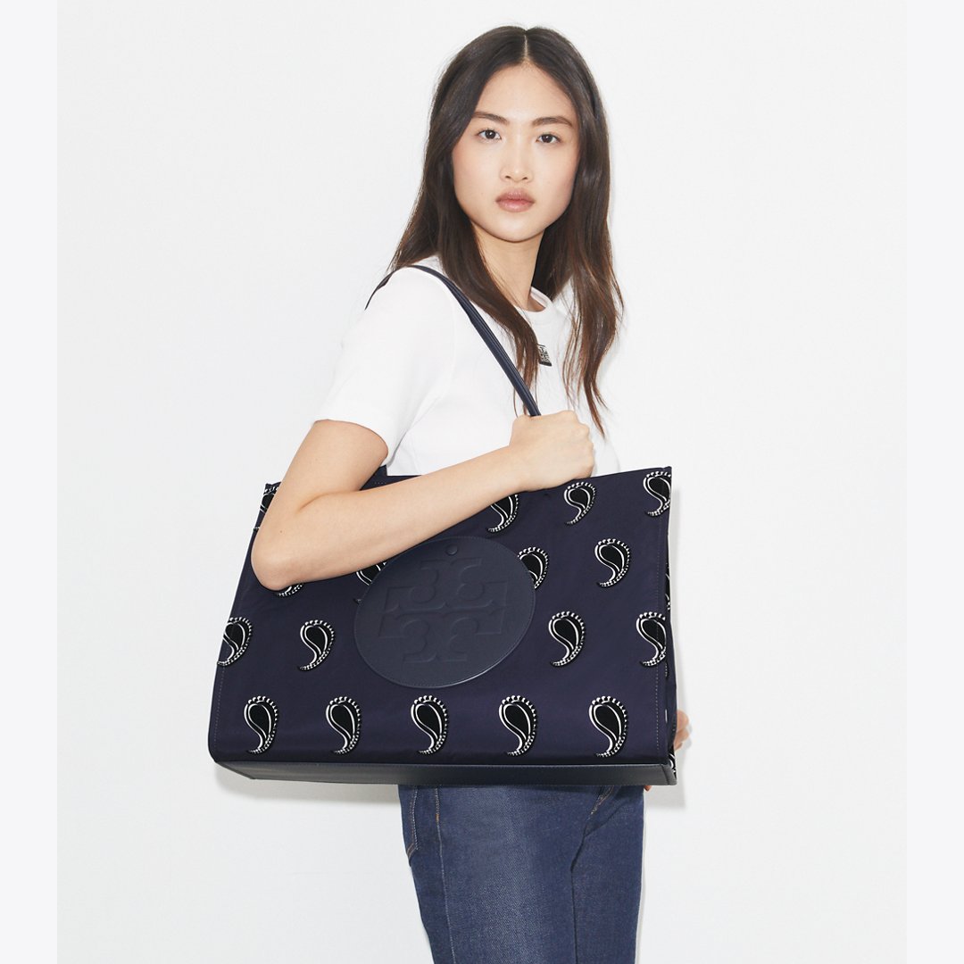 Tory Burch Ella Printed Tote Medium Navy Pajama Print