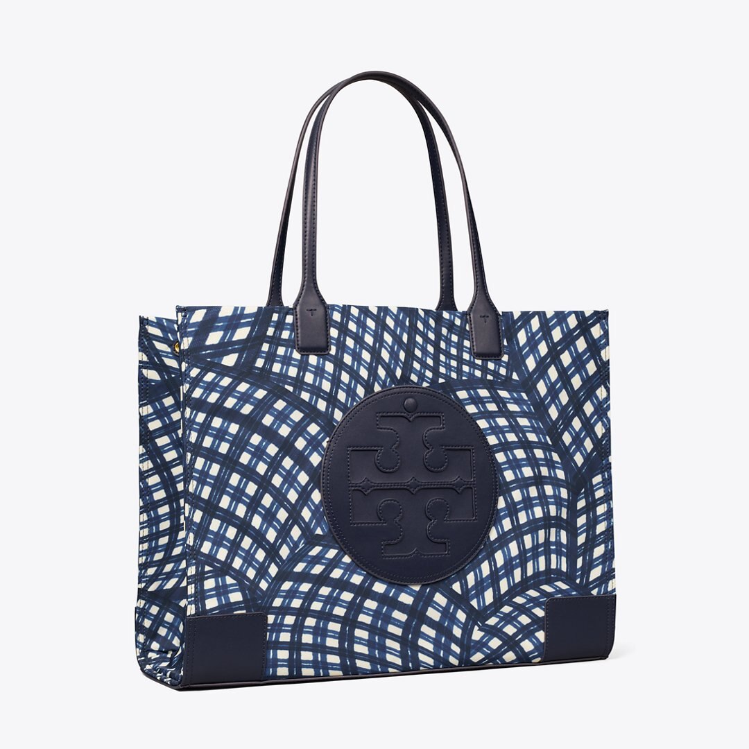 Tory Burch Ella Printed Tote Navy Warped Gingham