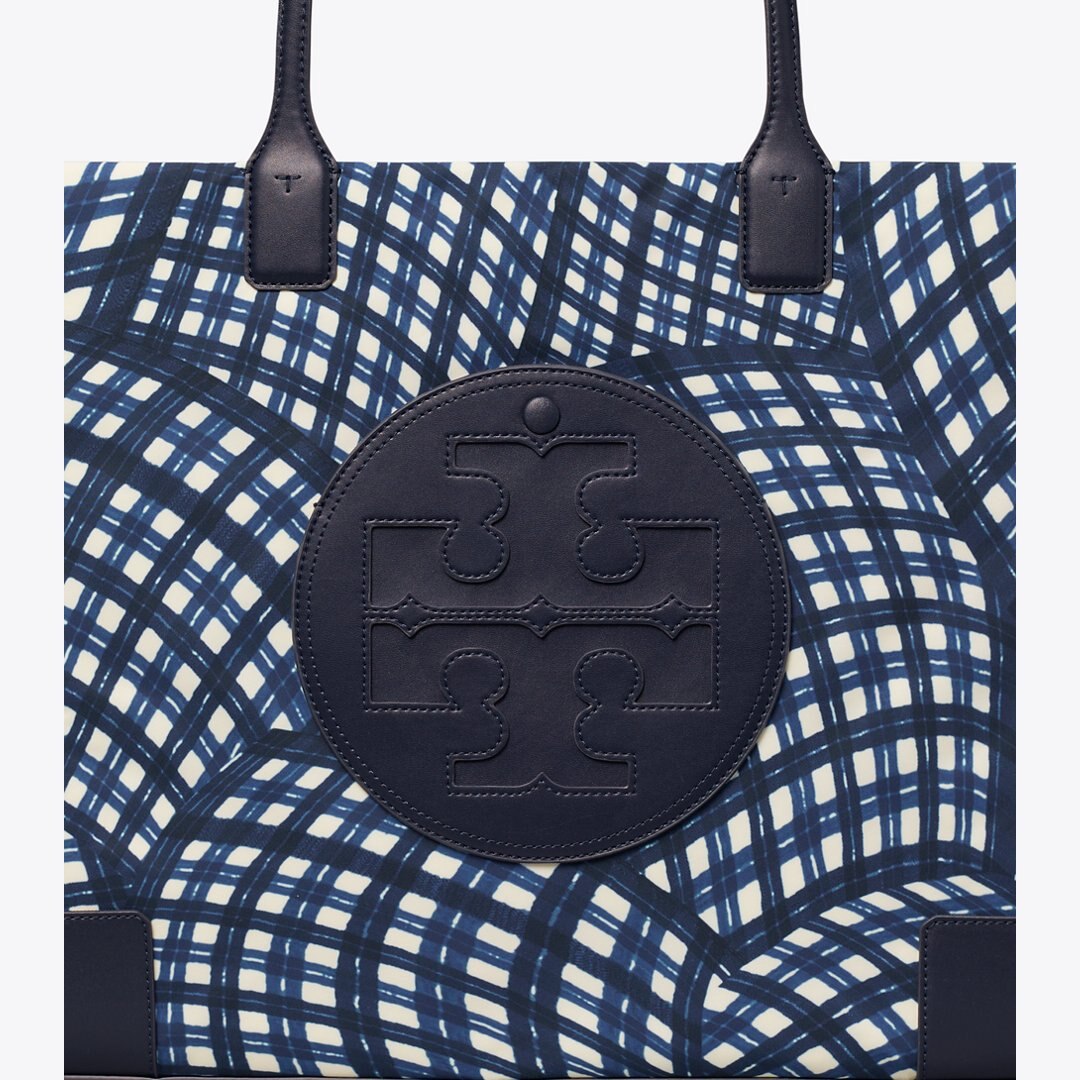 Tory Burch Ella Printed Tote Navy Warped Gingham