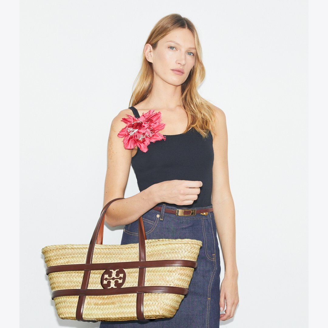 Tory Burch Ella Straw Basket Classic Cuoio