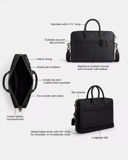 Coach Ethan Slim Brief In Signature Canvas Gunmetal Charcoal Black