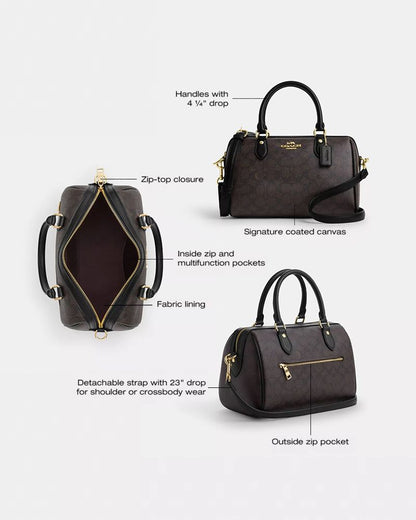 Coach Rowan Satchel Bag In Signature Canvas Gold Walnut Black