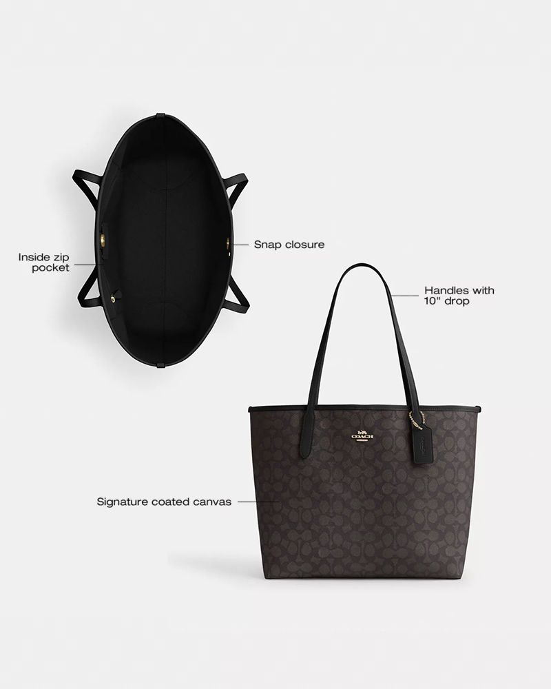 Coach City Tote Bag In Signature Canvas Gold Walnut Black