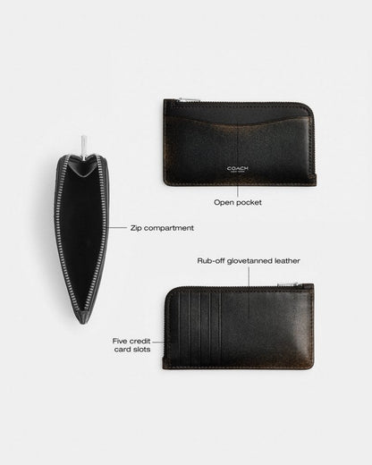 Coach New York Zip Card Case In Loved Leather Silver Black Brown