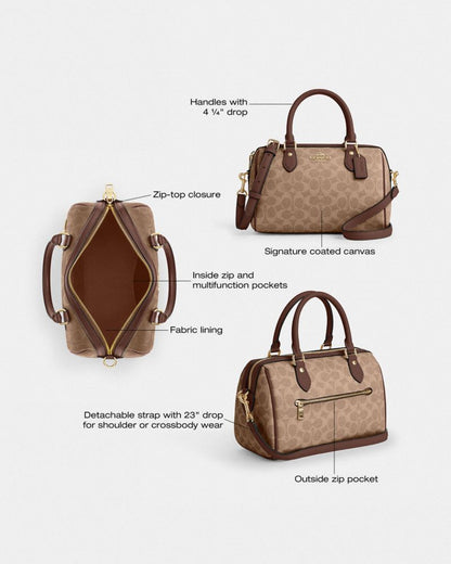 Coach Rowan Satchel Bag In Signature Canvas Gold Tan Brown