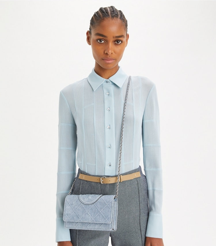 Fleming Denim-Print Suede Crossbody Denim Denim