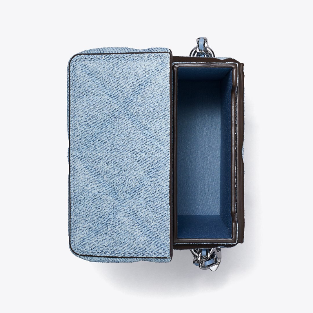 Tory Burch Fleming Denim-Print Suede Phone Crossbody Denim