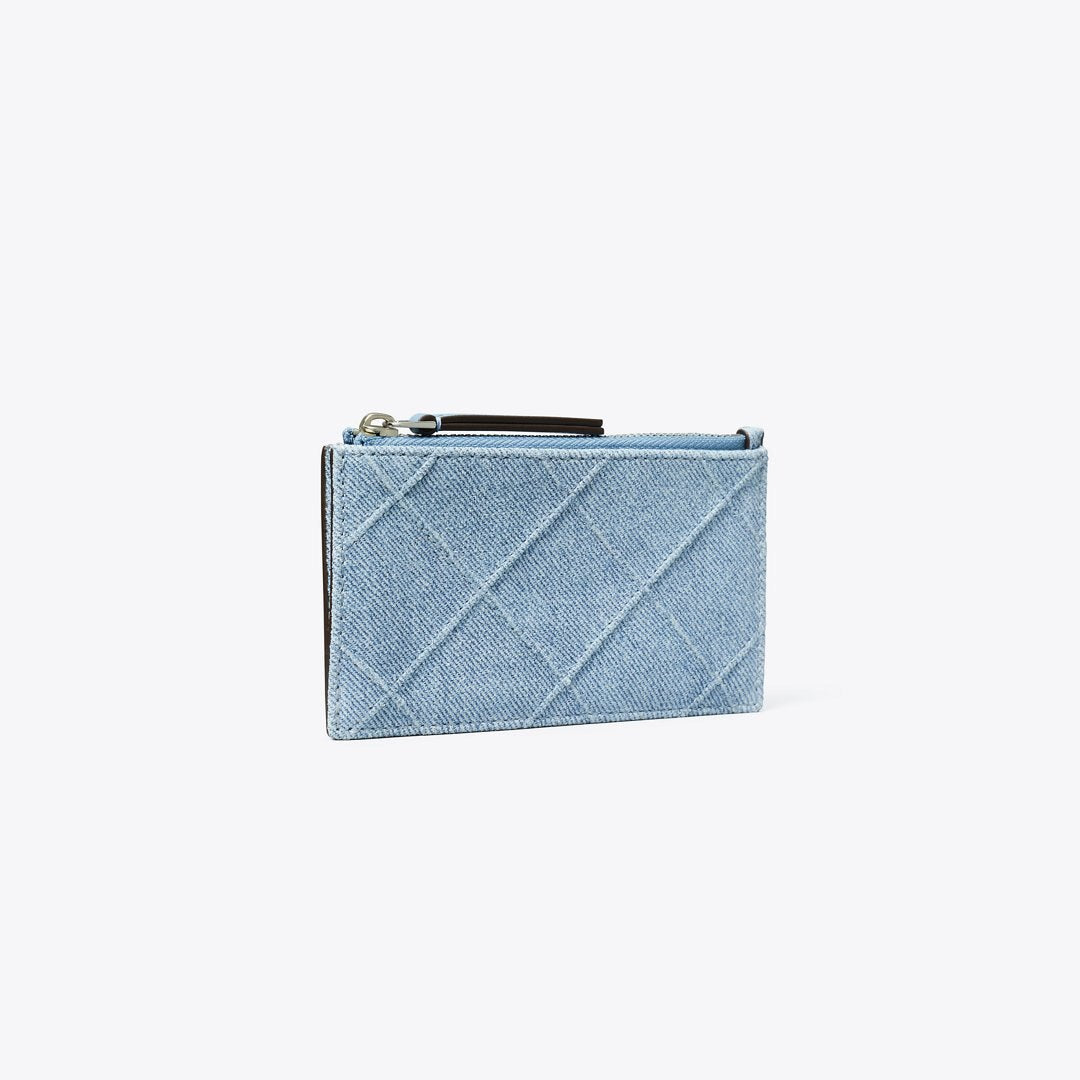 Tory Burch Fleming Denim-Print Suede Zip Card Case Denim