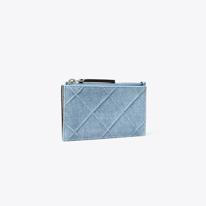 Tory Burch Fleming Denim-Print Suede Zip Card Case Denim